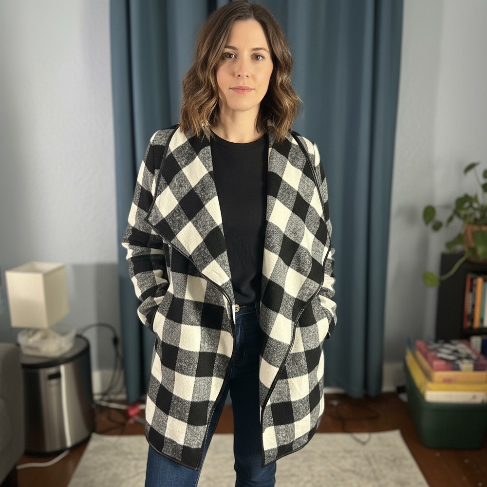 BluIvy Black and White plaid wrap front jacket Large